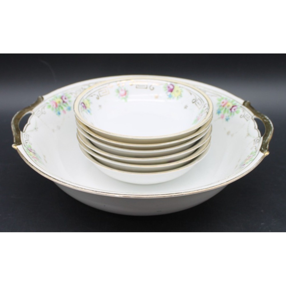 Antique Hand Painted Nippon Floral Gold Set Large Serving Bowl & 6 Dessert Bowls